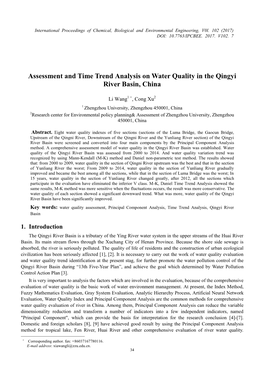 Assessment and Time Trend Analysis on Water Quality in the Qingyi River Basin, China