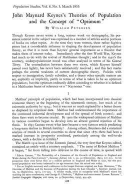 John Maynard Keynes's Theories of Population and the Concept of " Optimum