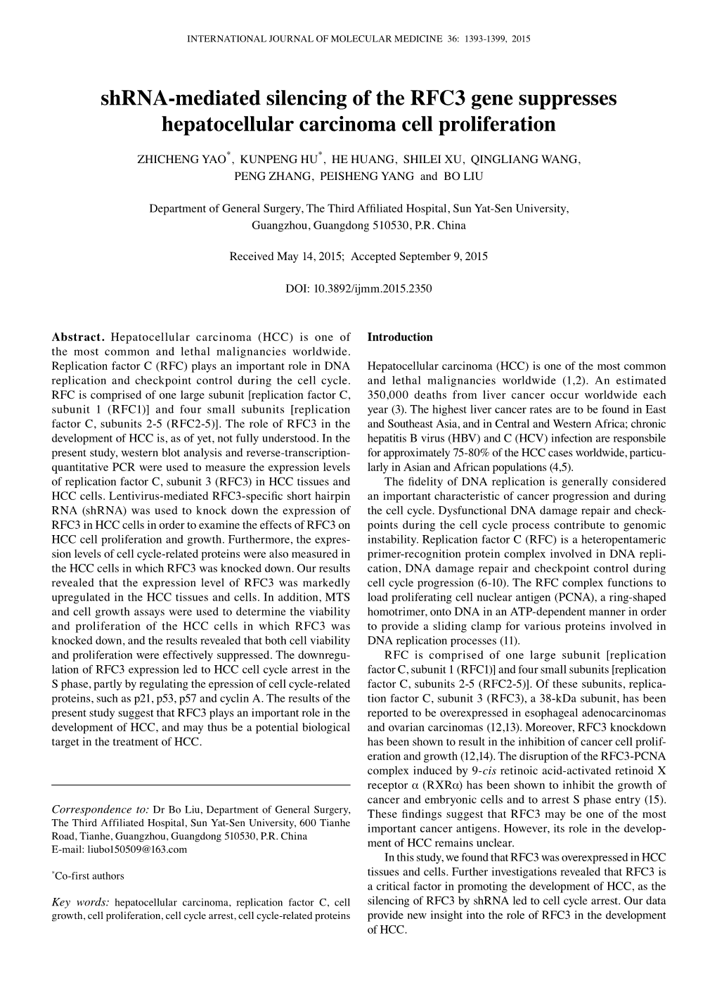 Shrna-Mediated Silencing of the RFC3 Gene Suppresses Hepatocellular Carcinoma Cell Proliferation