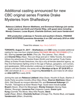 Additional Casting Announced for New CBC Original Series Frankie Drake Mysteries from Shaftesbury