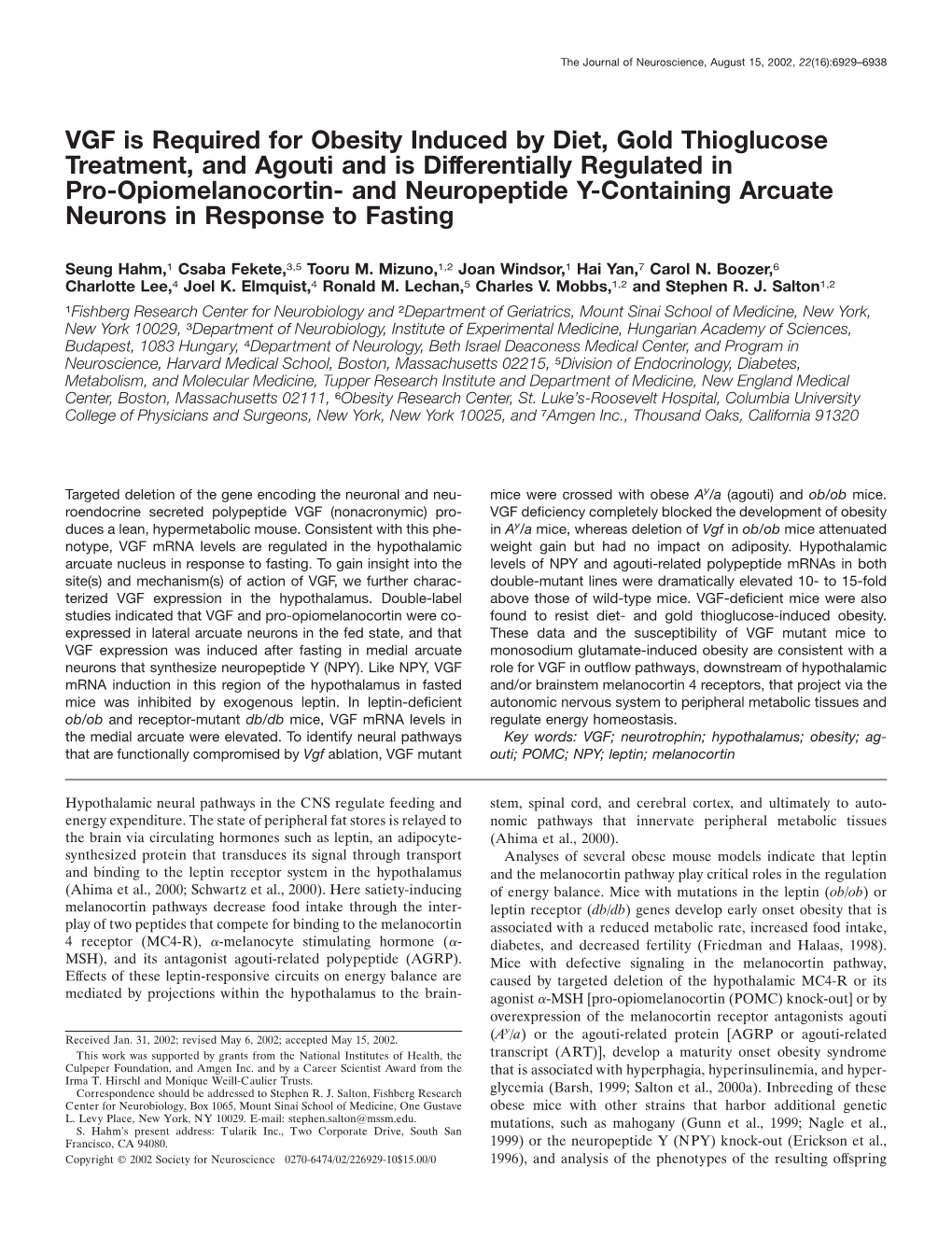 VGF Is Required for Obesity Induced by Diet, Gold Thioglucose