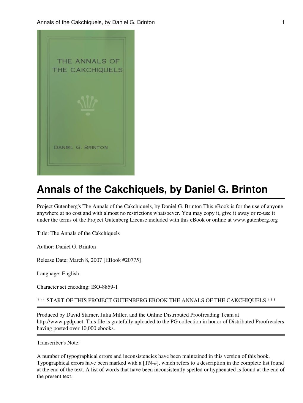 The Annals of the Cakchiquels, by Daniel G