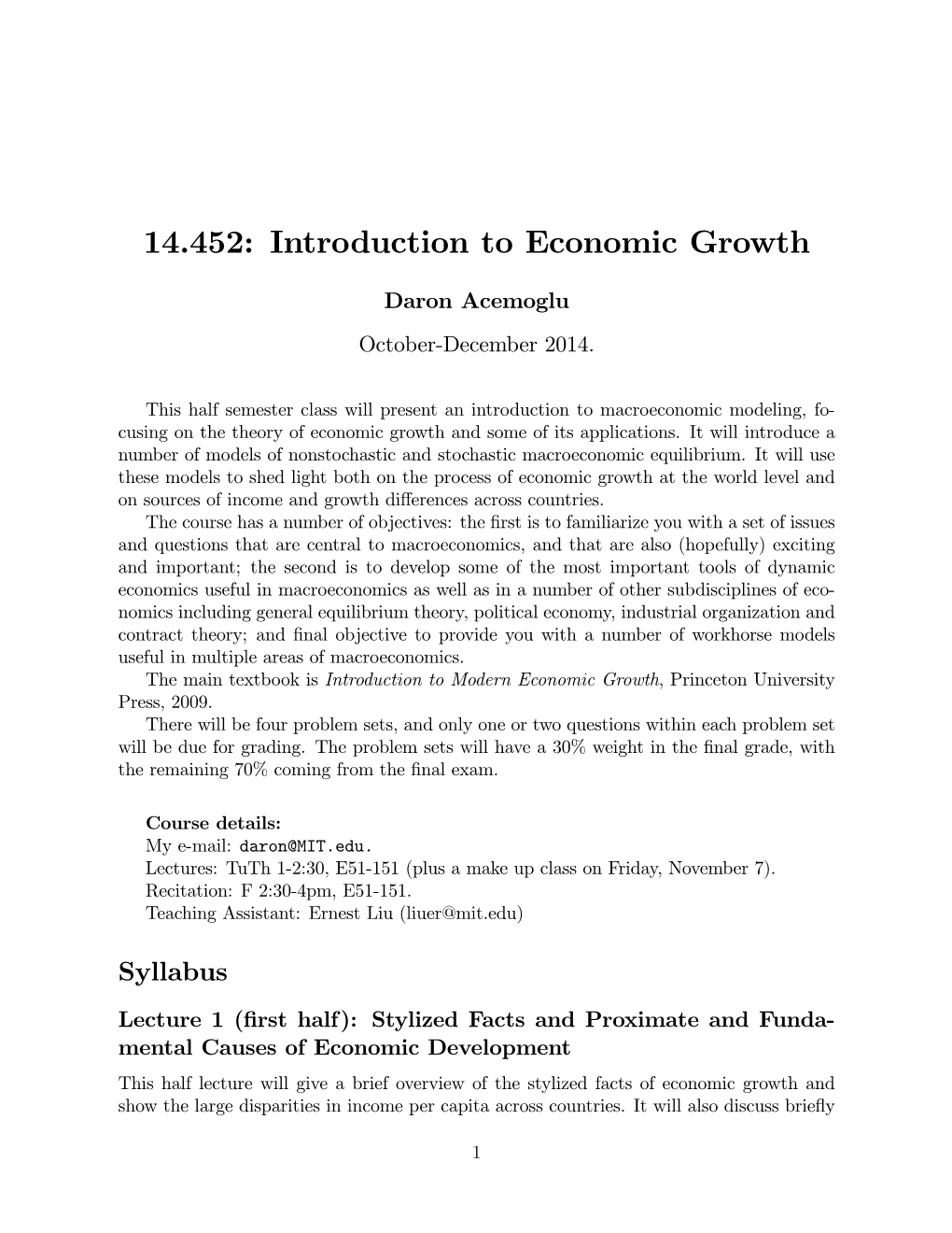14.452: Introduction to Economic Growth