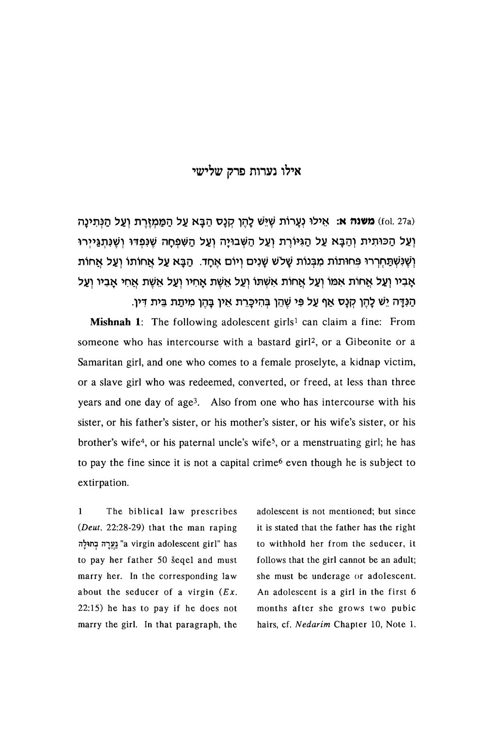 Mishnah 1: the Following Adolescent Girls1 Can Claim a Fine: from Someone Who Has Intercourse with a Bastard Girl2, Or a Gibeonite Or A