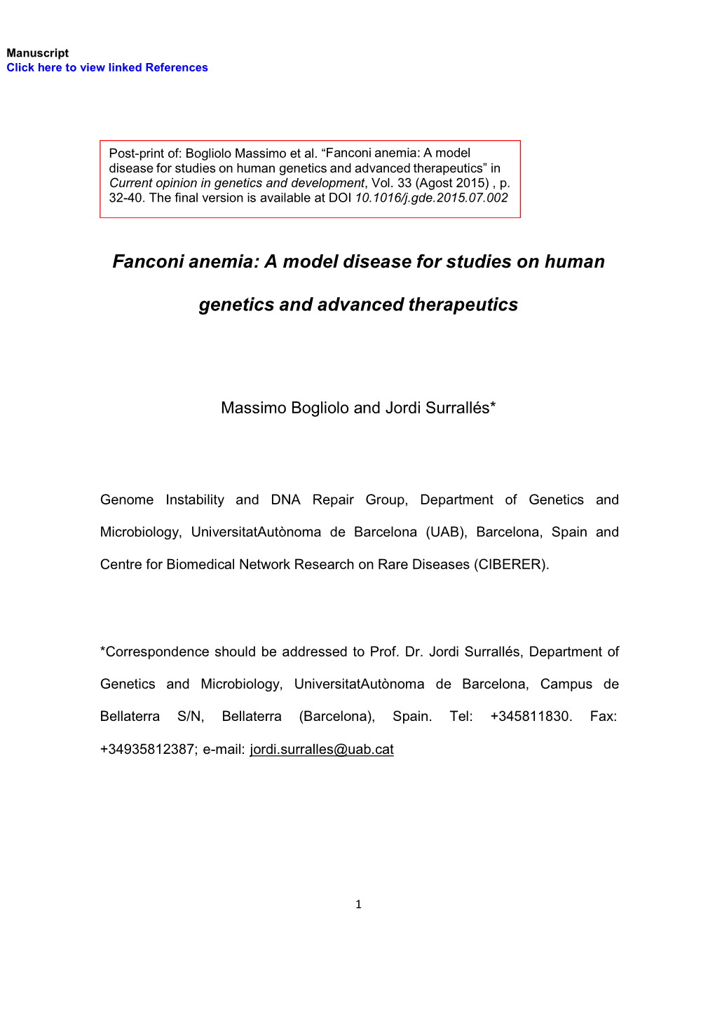 Fanconi Anemia: a Model Post-Print Of: Bogliolo Massimo Et Al