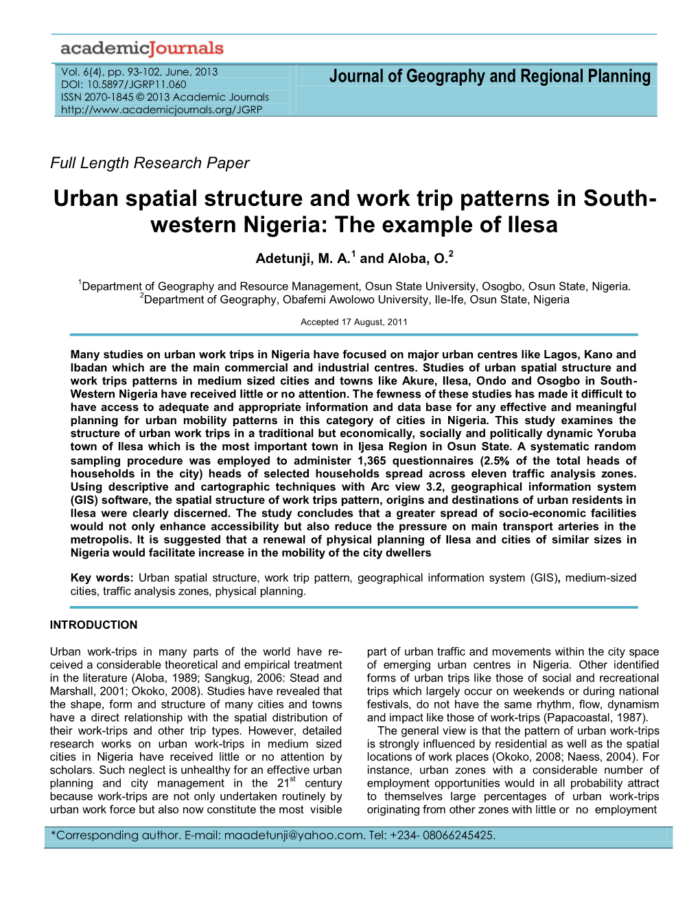 Urban Spatial Structure and Work Trip Patterns in South- Western Nigeria: the Example of Ilesa