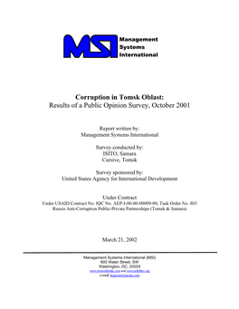 Corruption in Tomsk Oblast: Results of a Public Opinion Survey, October 2001