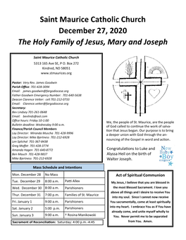 Saint Maurice Catholic Church December 27, 2020 the Holy Family of Jesus, Mary and Joseph