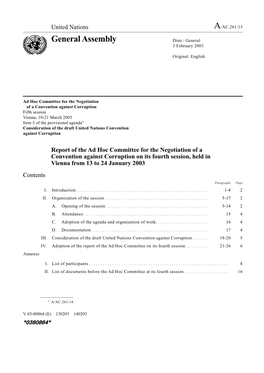 Report of the Ad Hoc Committee for the Negotiation of a Convention Against Corruption on Its Fourth Session, Held in Vienna from 13 to 24 January 2003