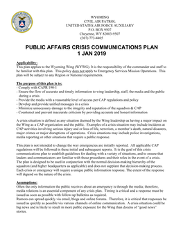 Public Affairs Crisis Communications Plan 1 Jan 2019