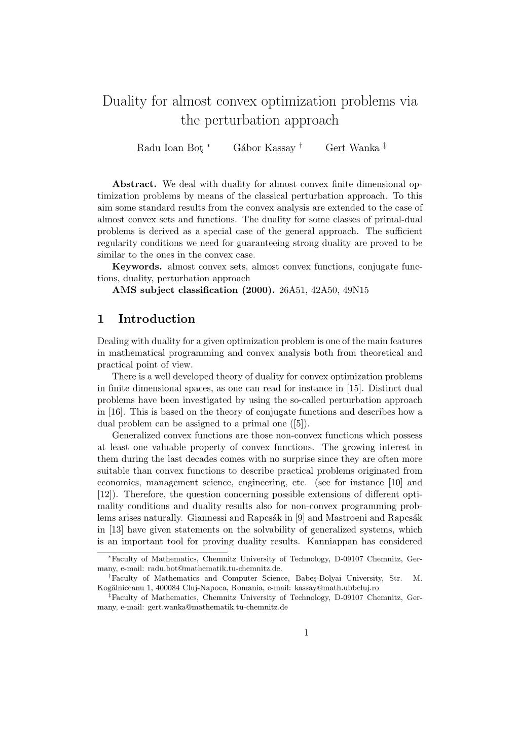 Duality for Almost Convex Optimization Problems Via the Perturbation Approach