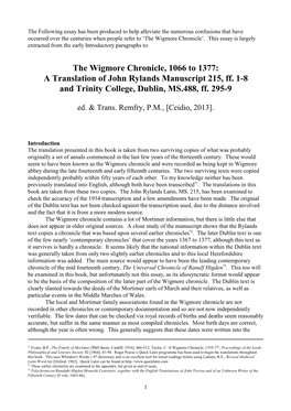 The Wigmore Chronicle, 1066 to 1377: a Translation of John Rylands Manuscript 215, Ff