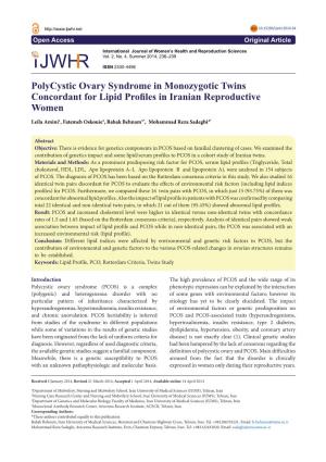 Polycystic Ovary Syndrome in Monozygotic Twins Concordant for Lipid Profiles in Iranian Reproductive Women