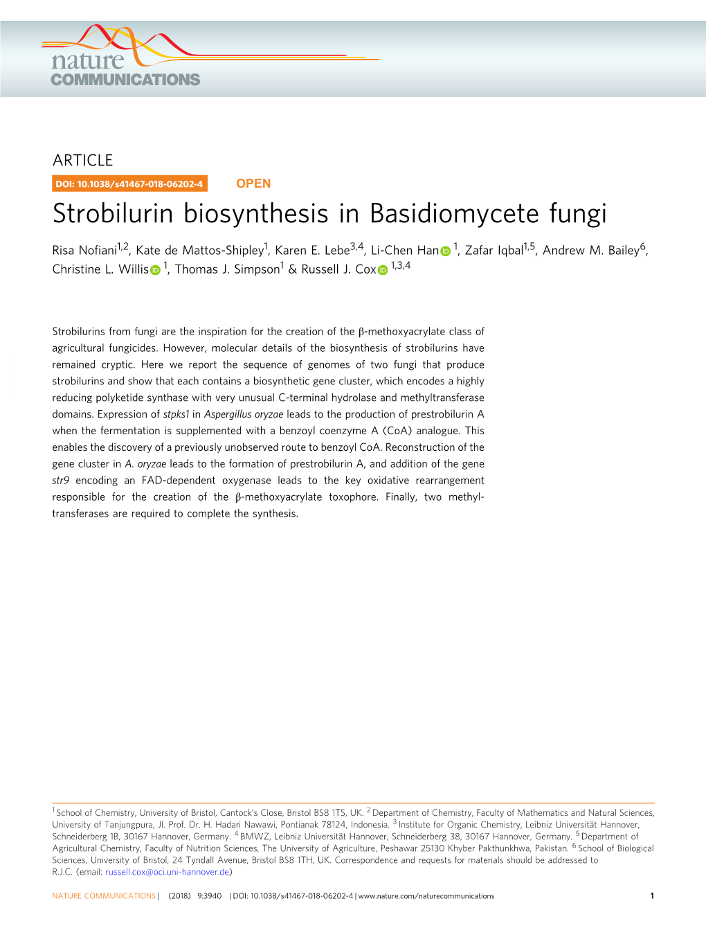 Strobilurin Biosynthesis in Basidiomycete Fungi