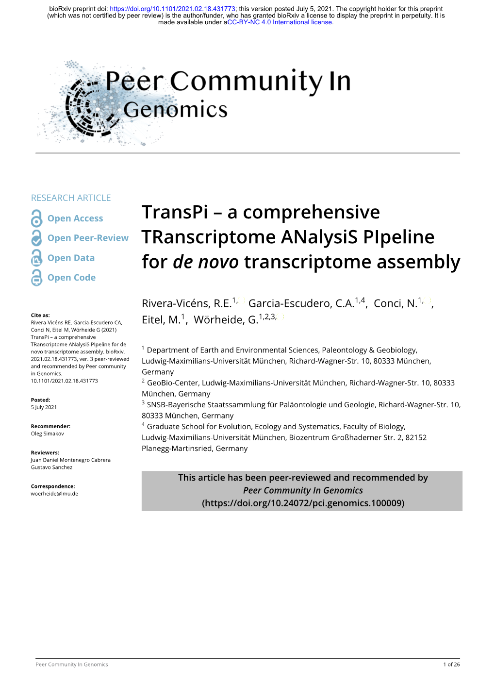 Transpi – a Comprehensive Open Peer-Review Transcriptome Analysis Pipeline Open Data for De Novo Transcriptome Assembly Open Code