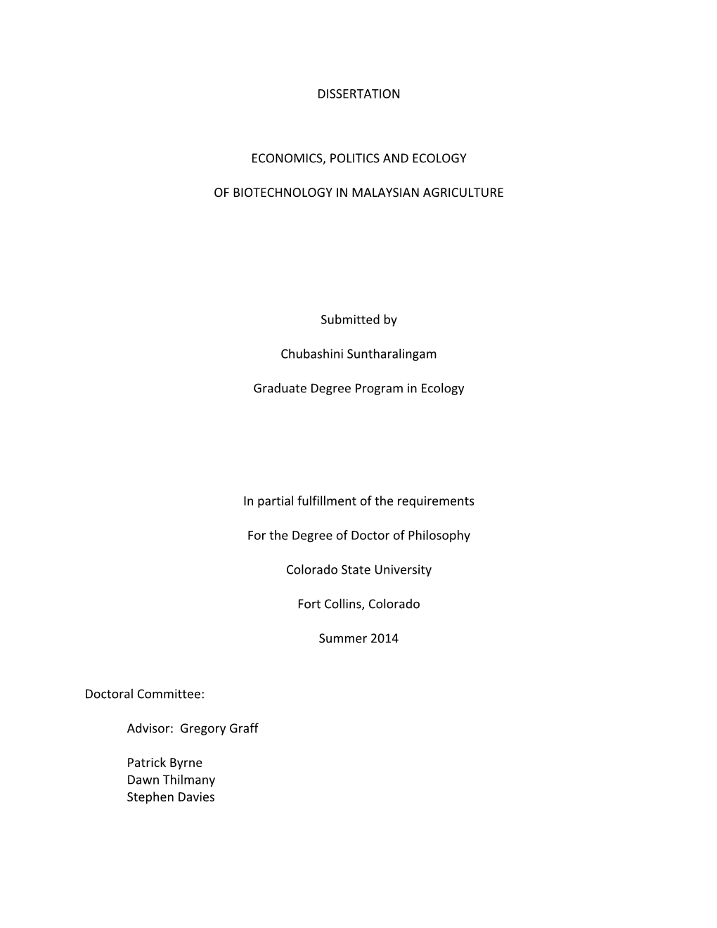 Dissertation Economics, Politics and Ecology Of