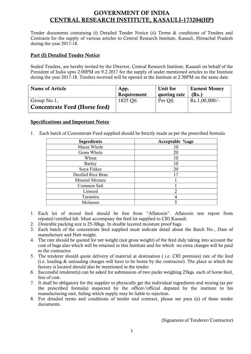 GOVERNMENT of INDIA CENTRAL RESEARCH INSTITUTE, KASAULI-173204(HP) Concentrate Feed (Horse Feed)