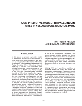 A Gis Predictive Model for Paleoindian Sites in Yellowstone National Park