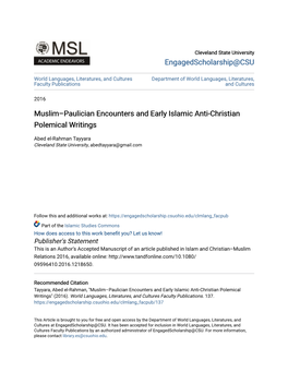 Muslim–Paulician Encounters and Early Islamic Anti-Christian Polemical Writings