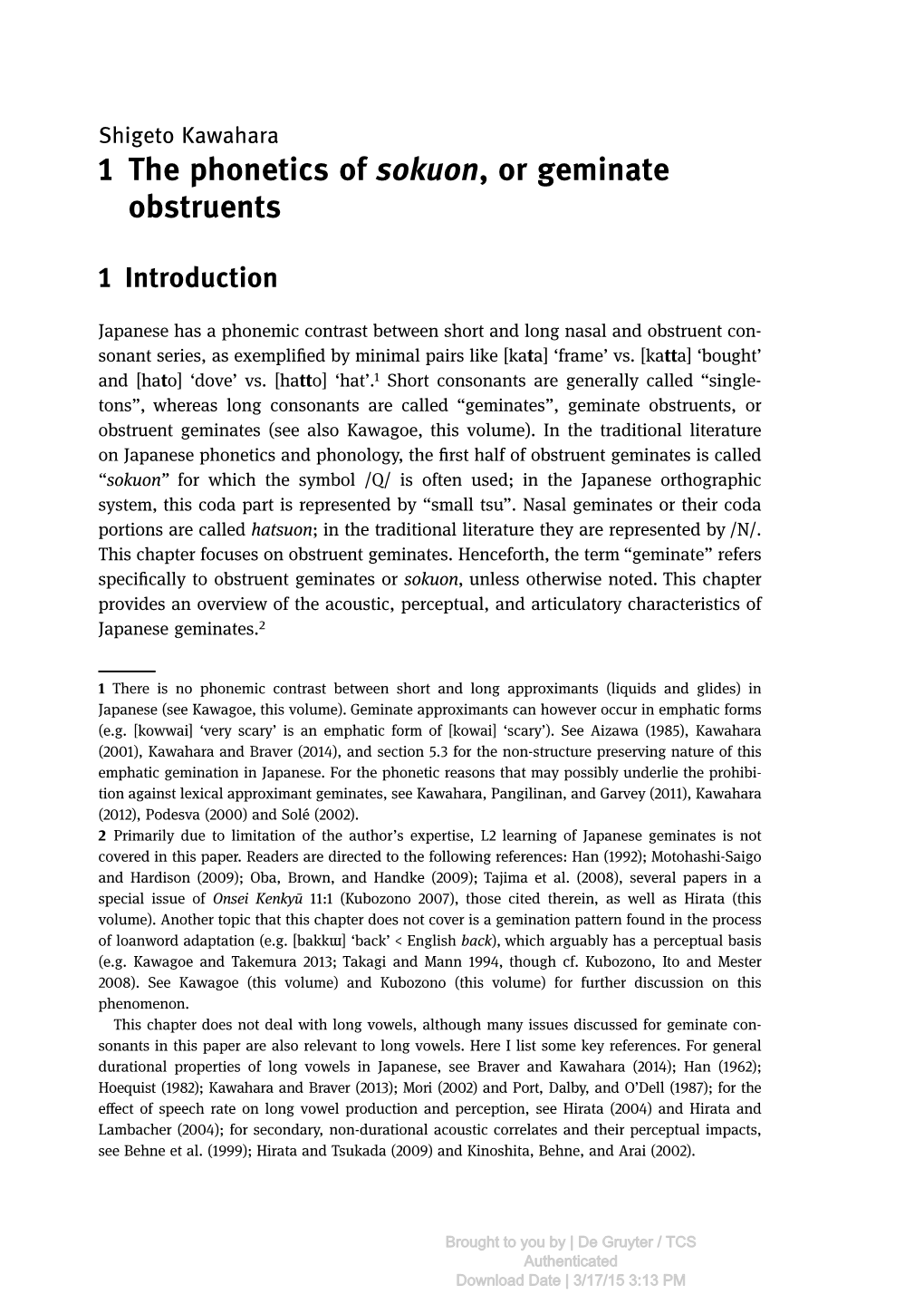 1 the Phonetics of Sokuon, Or Geminate Obstruents