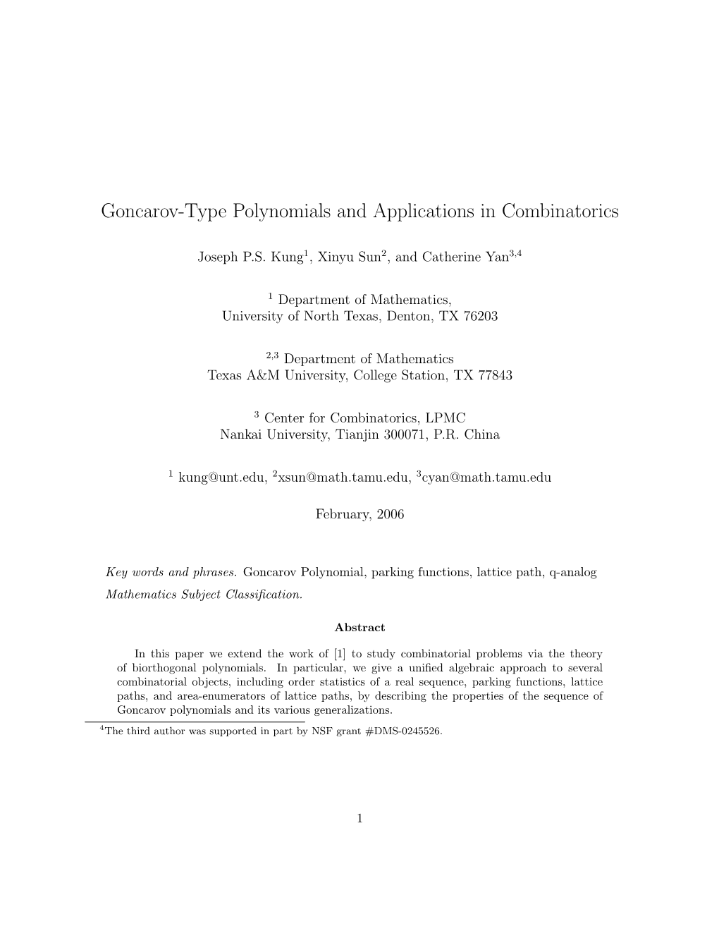 Goncarov-Type Polynomials and Applications in Combinatorics
