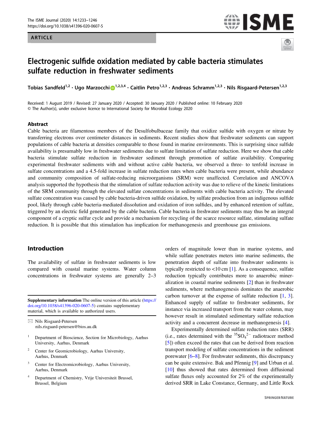 Electrogenic Sulfide Oxidation Mediated by Cable Bacteria