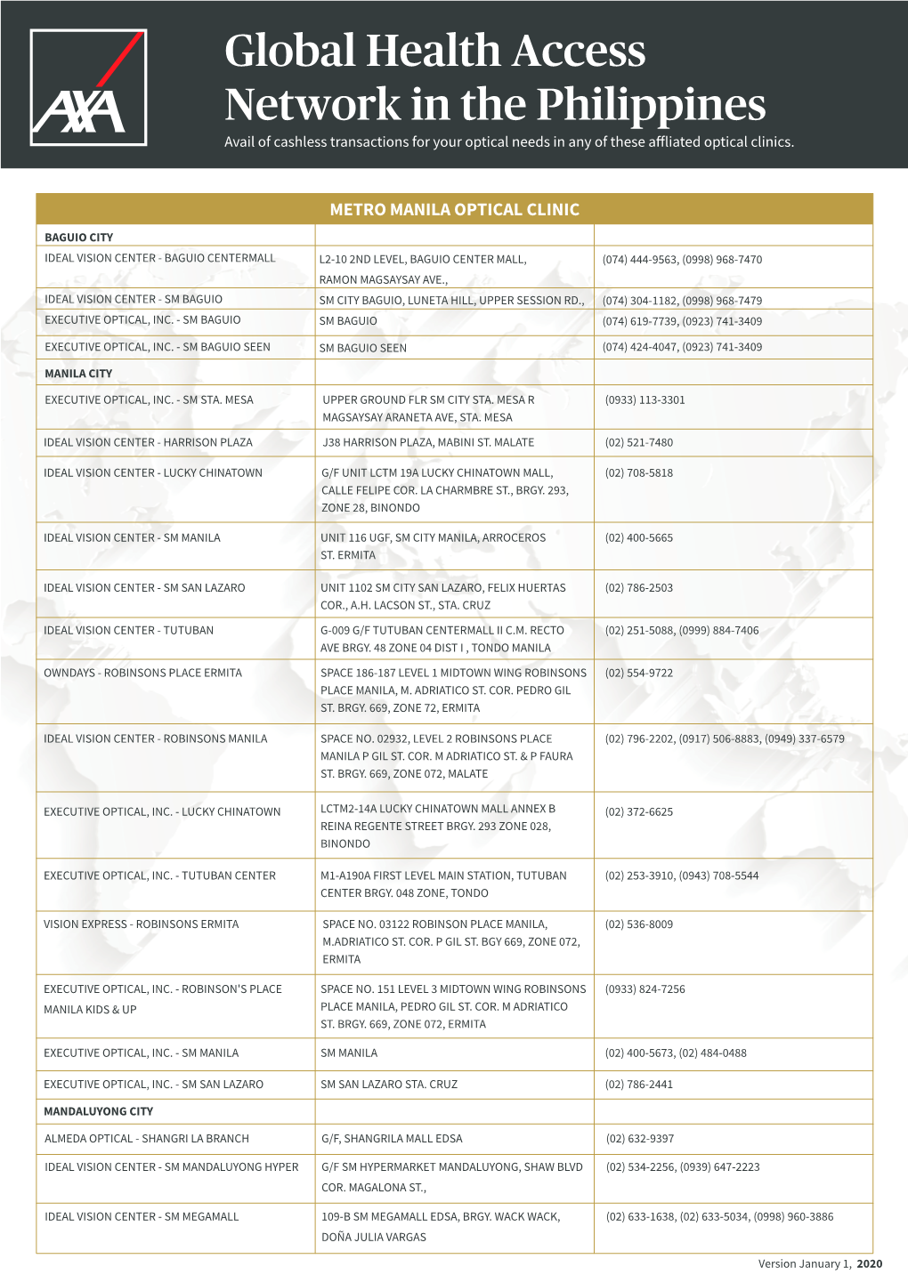 Global Health Access Network in the Philippines Avail of Cashless Transactions for Your Optical Needs in Any of These a Liated Optical Clinics