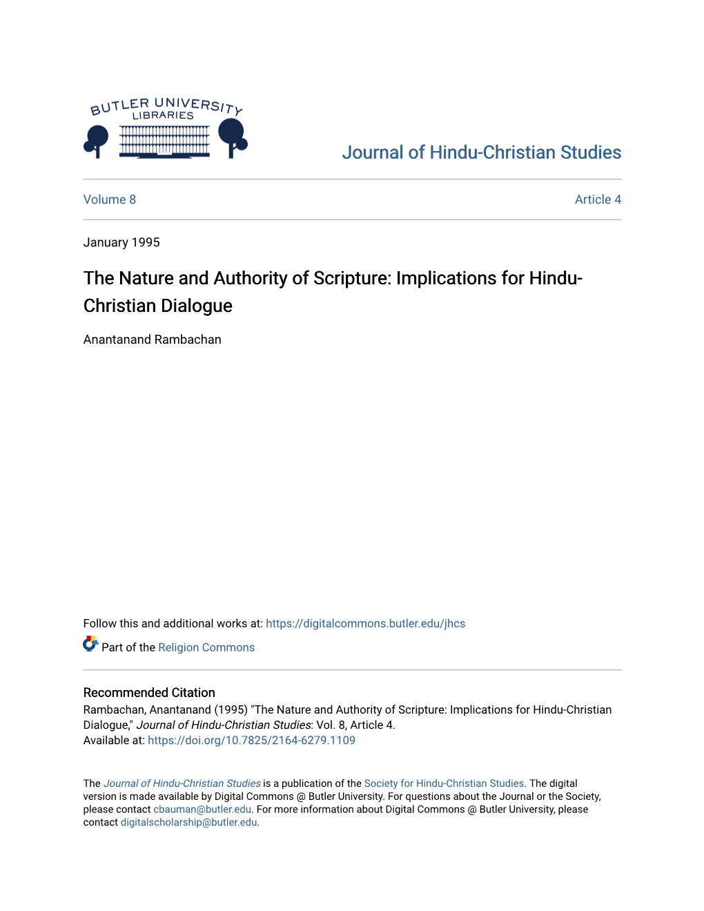 Implications for Hindu-Christian Dialogue," Journal of Hindu-Christian Studies: Vol