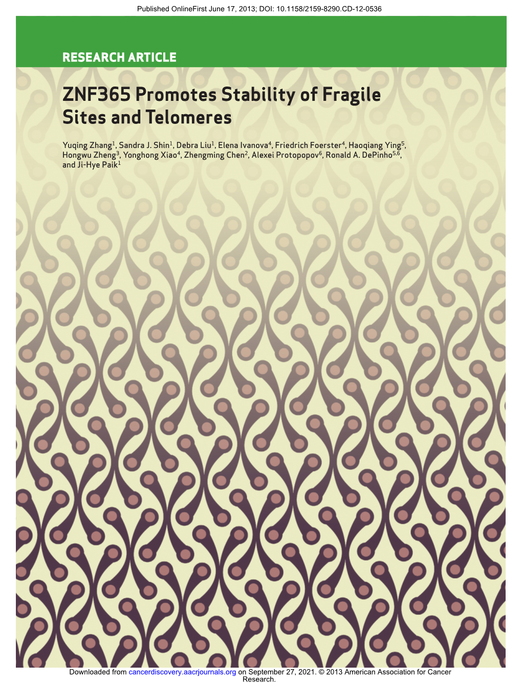 ZNF365 Promotes Stability of Fragile Sites and Telomeres