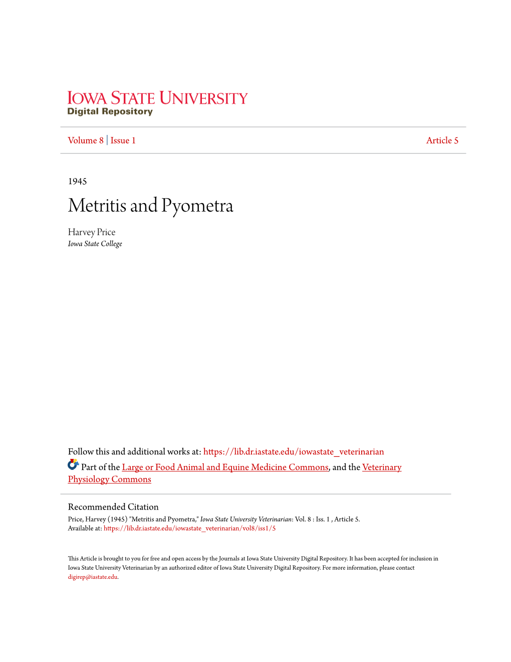 Metritis and Pyometra Harvey Price Iowa State College