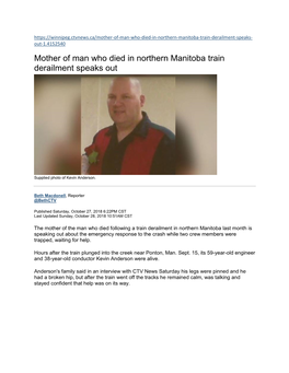 Mother of Man Who Died in Northern Manitoba Train Derailment Speaks Out