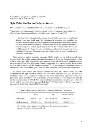Spin Echo Studies on Cellular Water