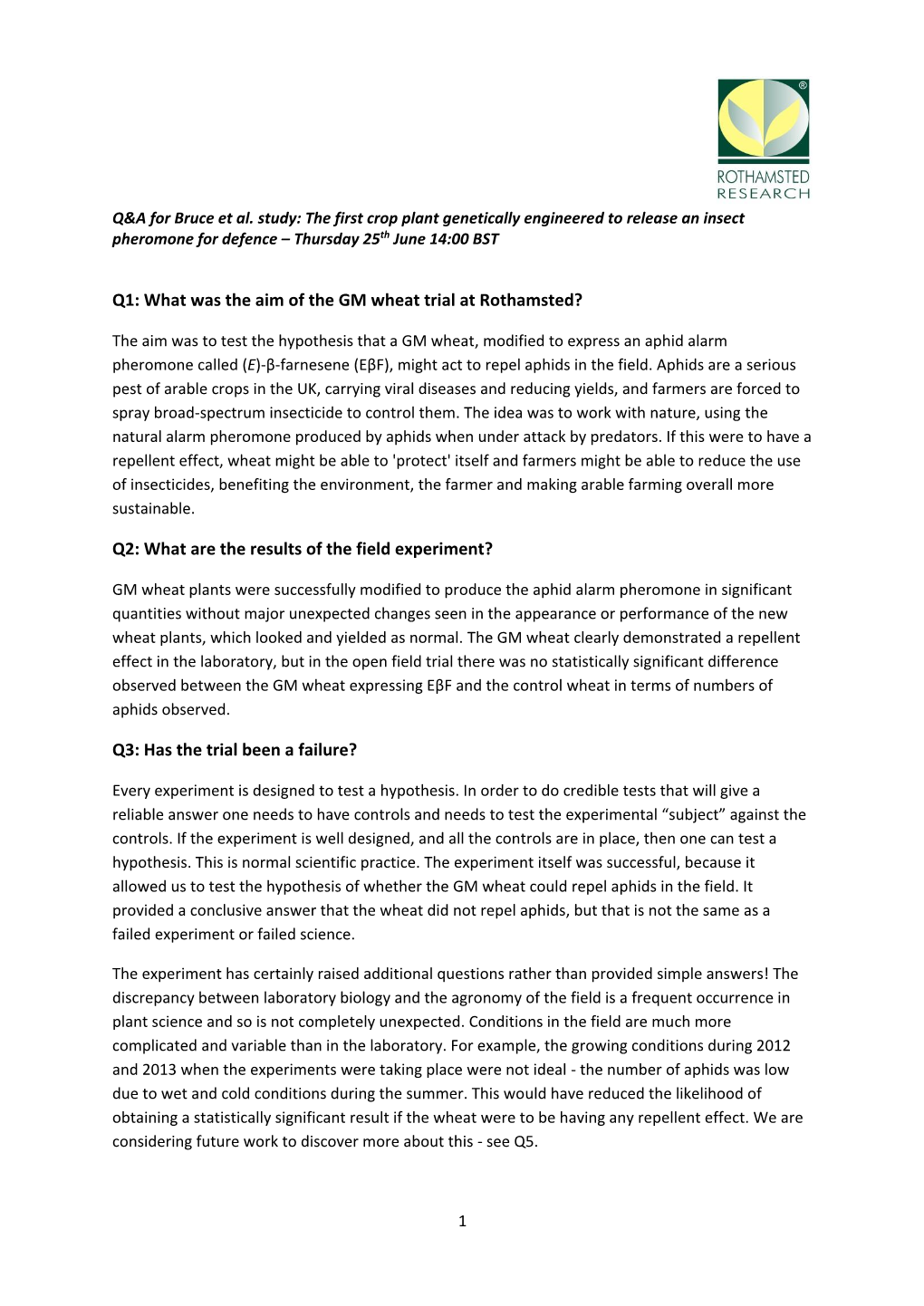 Q1: What Was the Aim of the GM Wheat Trial at Rothamsted?