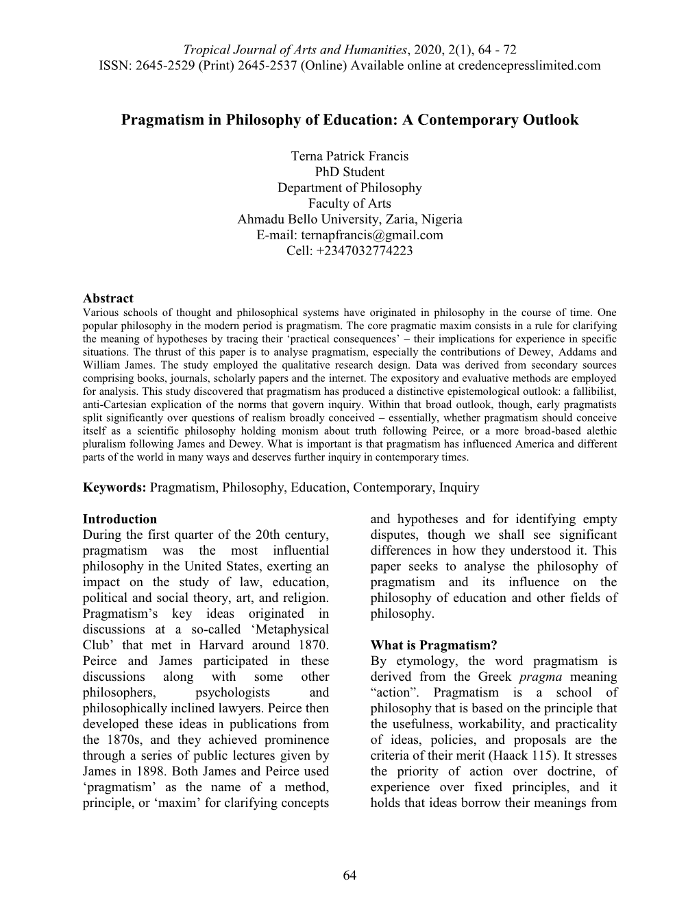Pragmatism in Philosophy of Education: a Contemporary Outlook