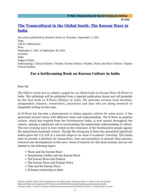 The Transcultural in the Global South: the Korean Wave in India