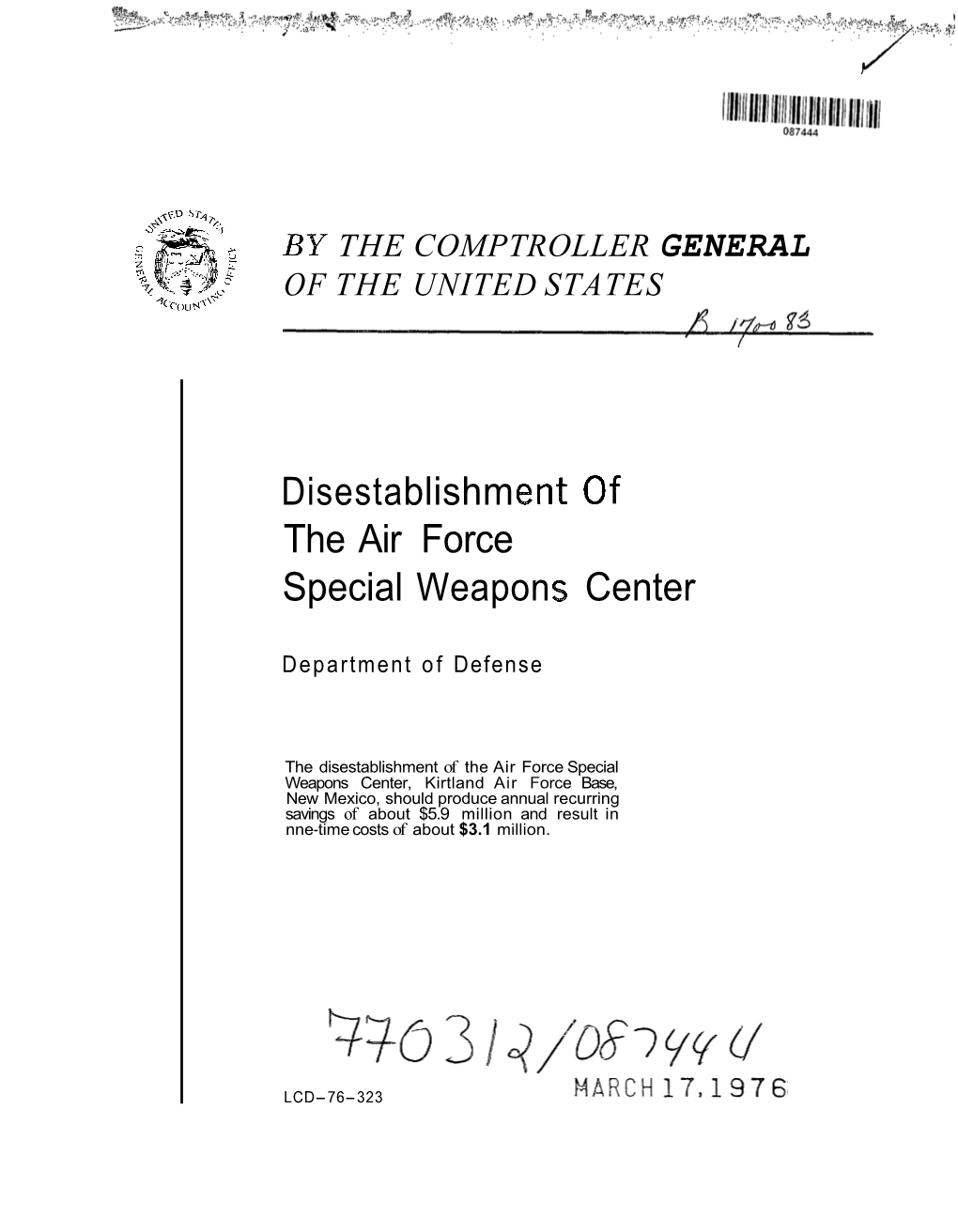 LCD-76-323 Disestablishment of the Air Force Special Weapons Center