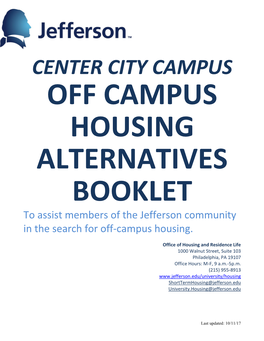 CENTER CITY CAMPUS OFF CAMPUS HOUSING ALTERNATIVES BOOKLET to Assist Members of the Jefferson Community in the Search for Off-Campus Housing
