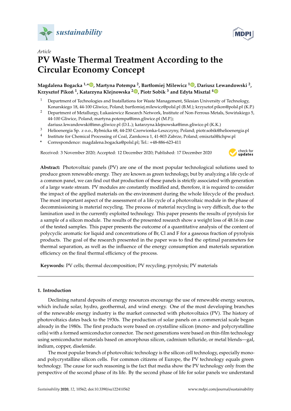 PV Waste Thermal Treatment According to the Circular Economy Concept