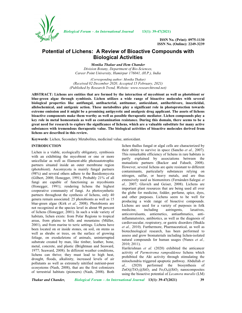 Potential of Lichens: a Review of Bioactive Compounds With