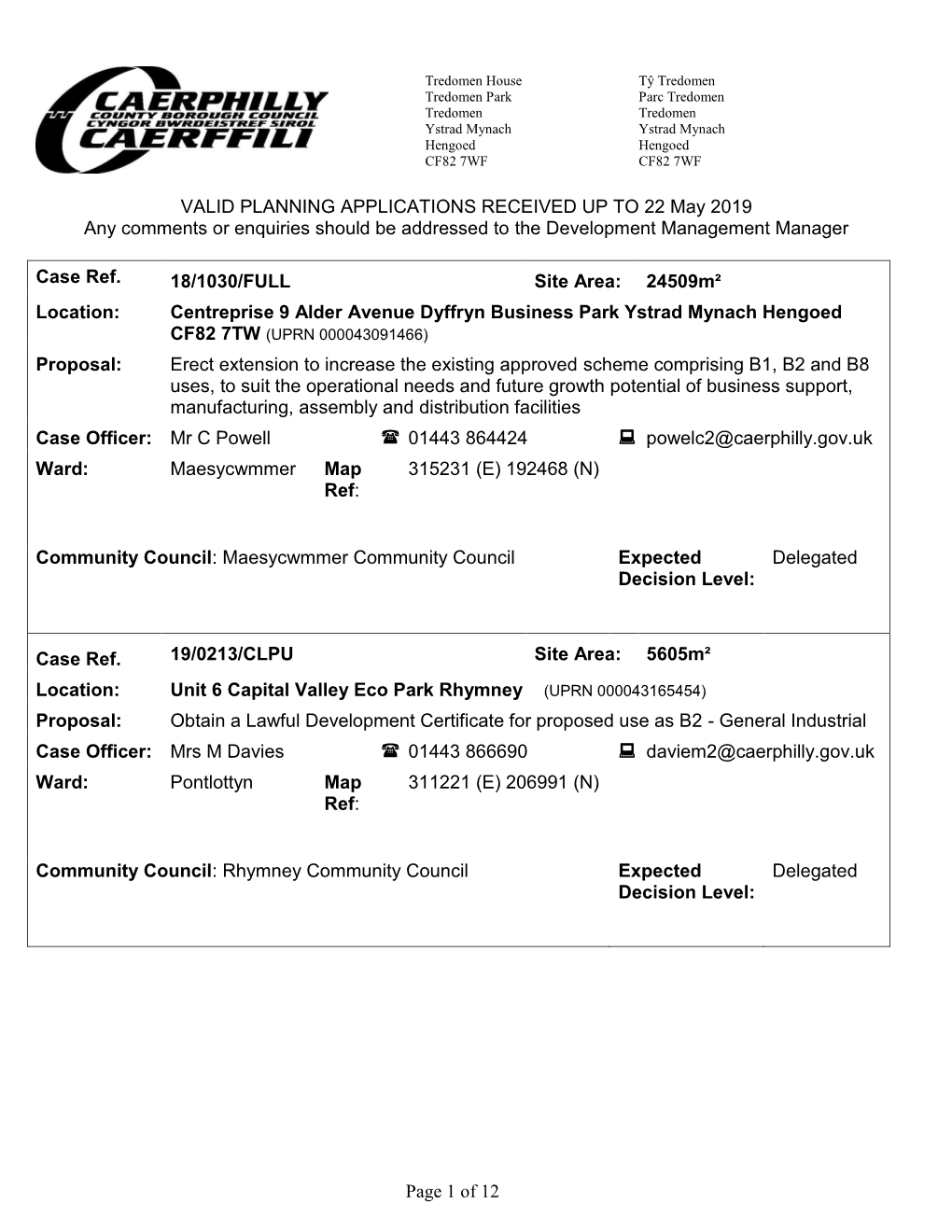 Of 12 VALID PLANNING APPLICATIONS RECEIVED up to 22 May 2019 Any Comments Or Enquiries Should Be Addressed to the Develop