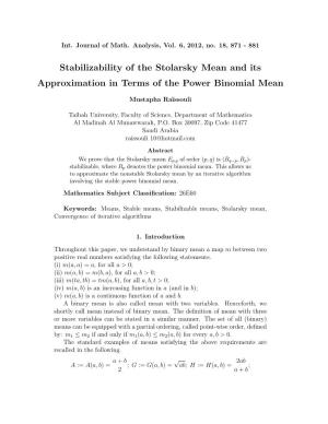 Stabilizability of the Stolarsky Mean and Its Approximation in Terms of the Power Binomial Mean
