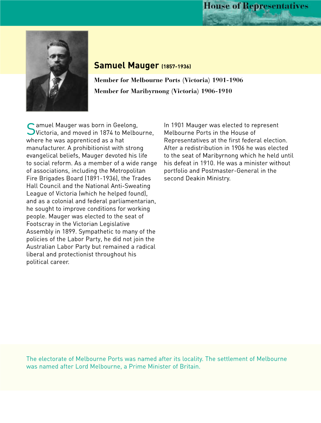 Biography Samuel Mauger (1857-1936) Member for Melbourne