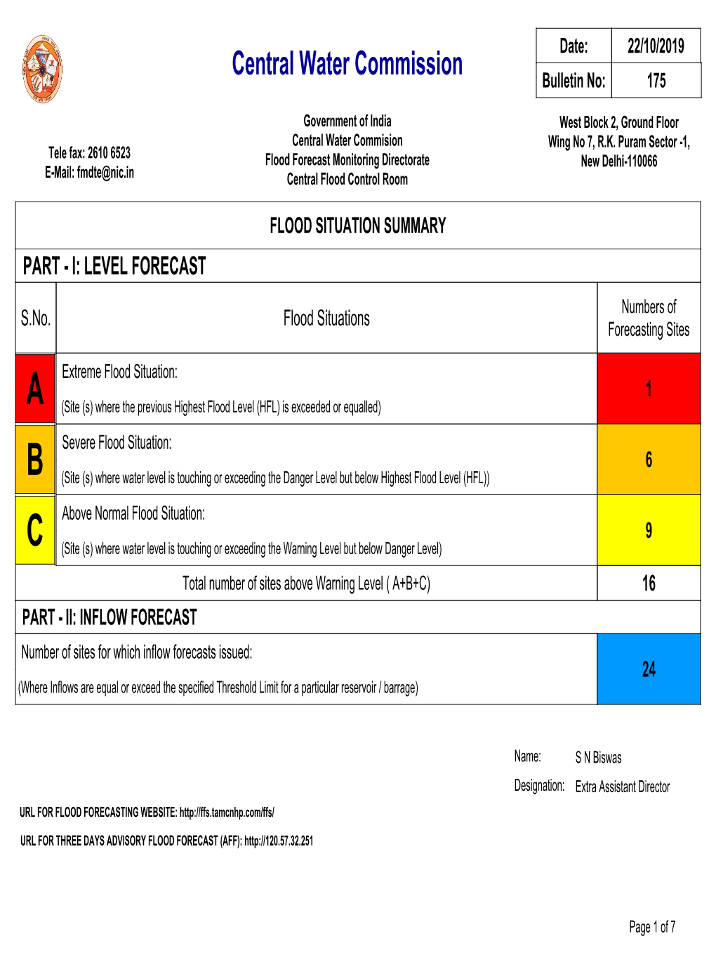 FLOOD SITUATION SUMMARY PART - I: LEVEL FORECAST Numbers of S.No