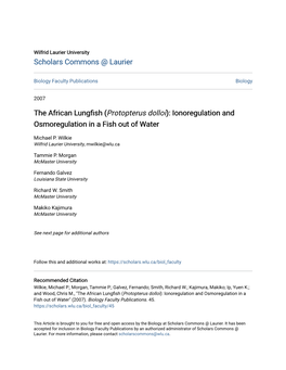The African Lungfish (Protopterus Dolloi): Ionoregulation and Osmoregulation in a Fish out of Water