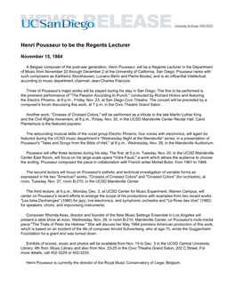Henri Pousseur to Be the Regents Lecturer