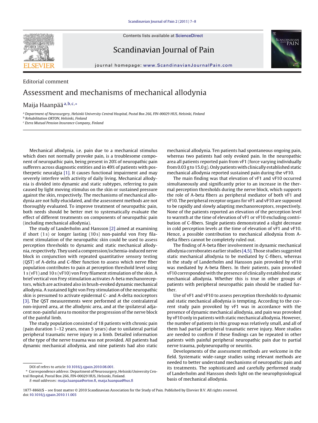 Assessment and Mechanisms of Mechanical Allodynia