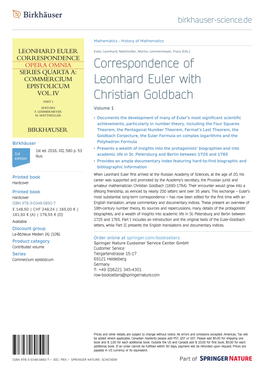 Correspondence of Leonhard Euler with Christian Goldbach Volume 1