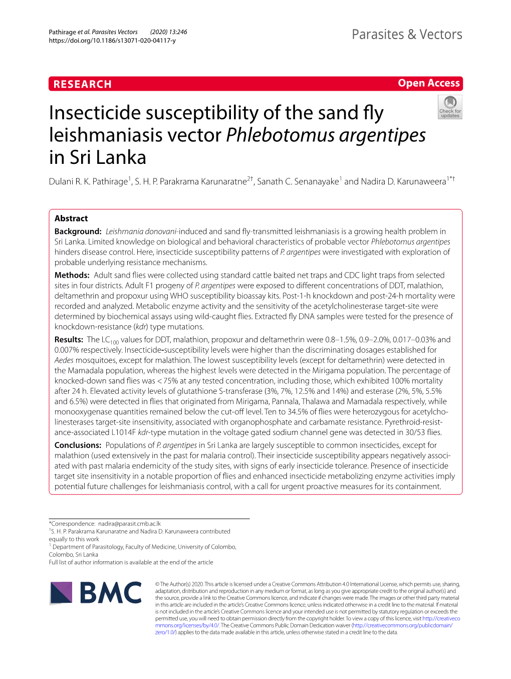 Insecticide Susceptibility of the Sand Fly Leishmaniasis Vector Phlebotomus Argentipes in Sri Lanka