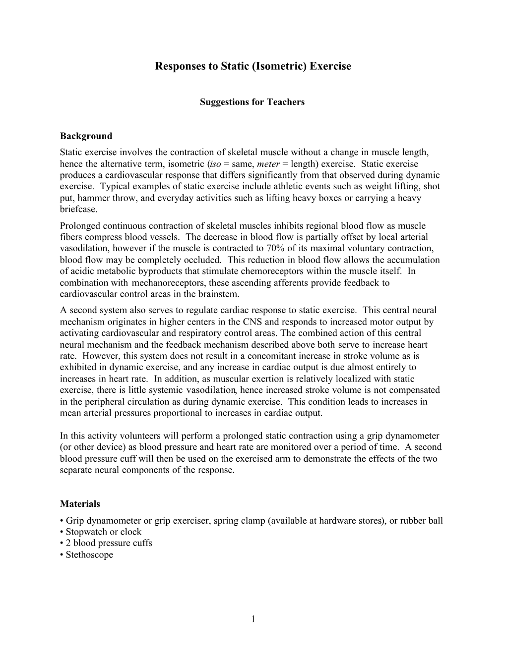 Responses to Static (Isometric) Exercise