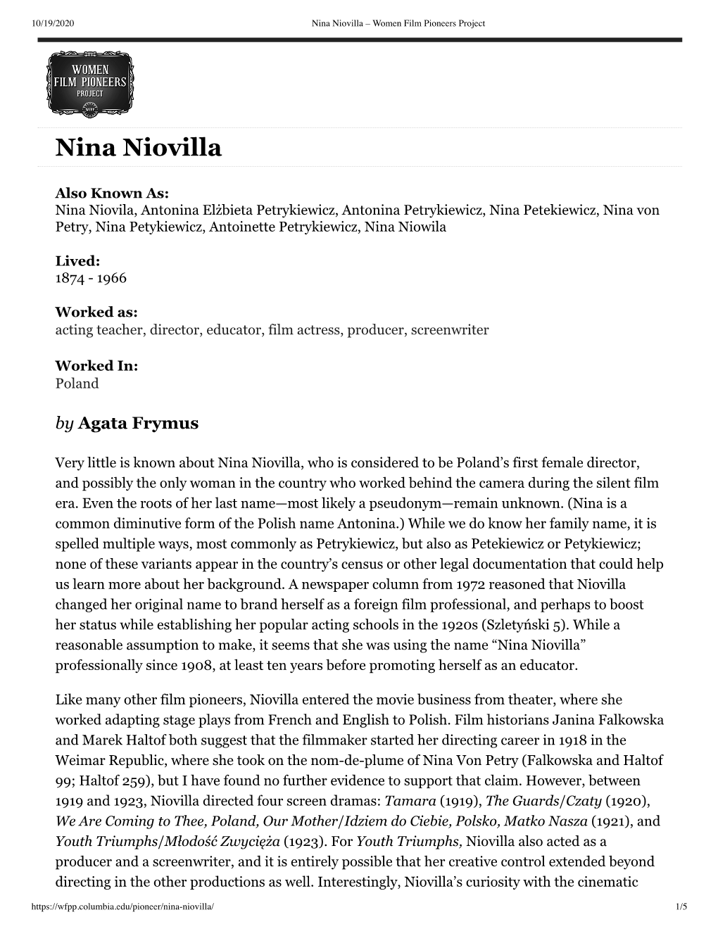 Nina Niovilla – Women Film Pioneers Project